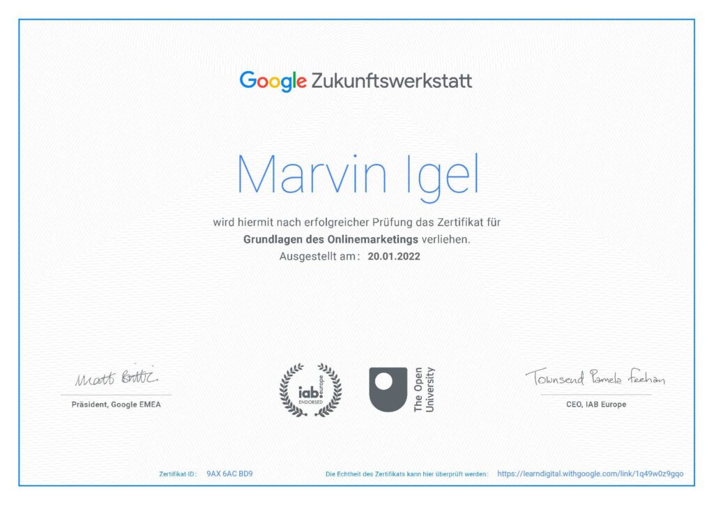 Zertifikat Google Zukunftswerkstatt von Marvin Igel MIOMA